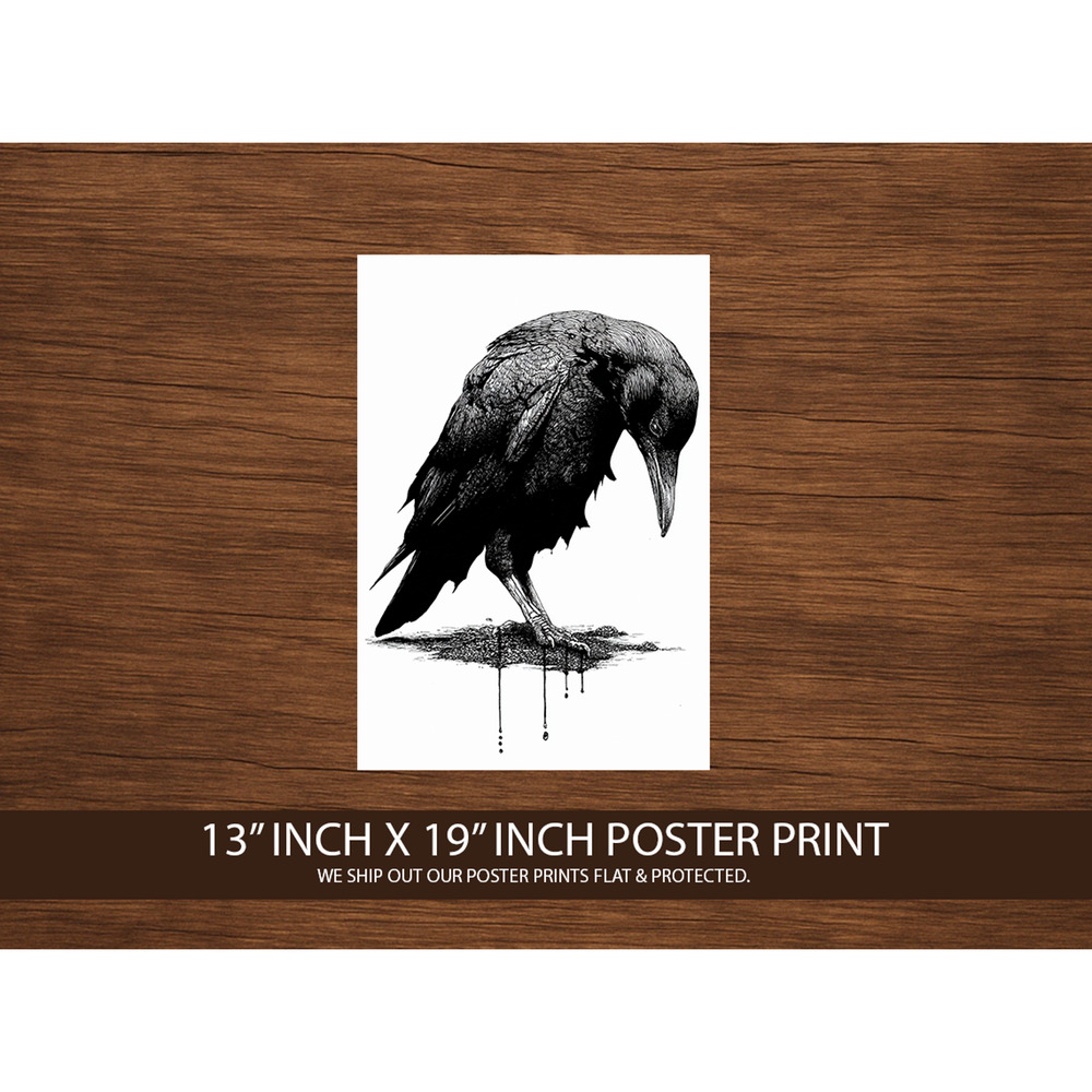 Gothic Crow Art Print 13x19 – Black Ink Raven Poster – Dark Bird Illustration